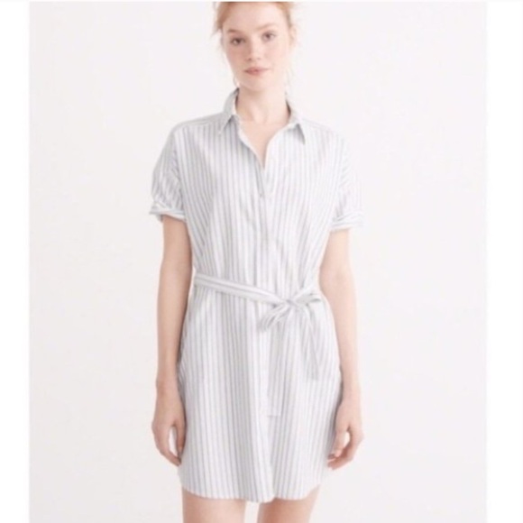 Abercrombie & Fitch Mini Striped White and Light Blue Belted Shirt Dress - Picture 9 of 9